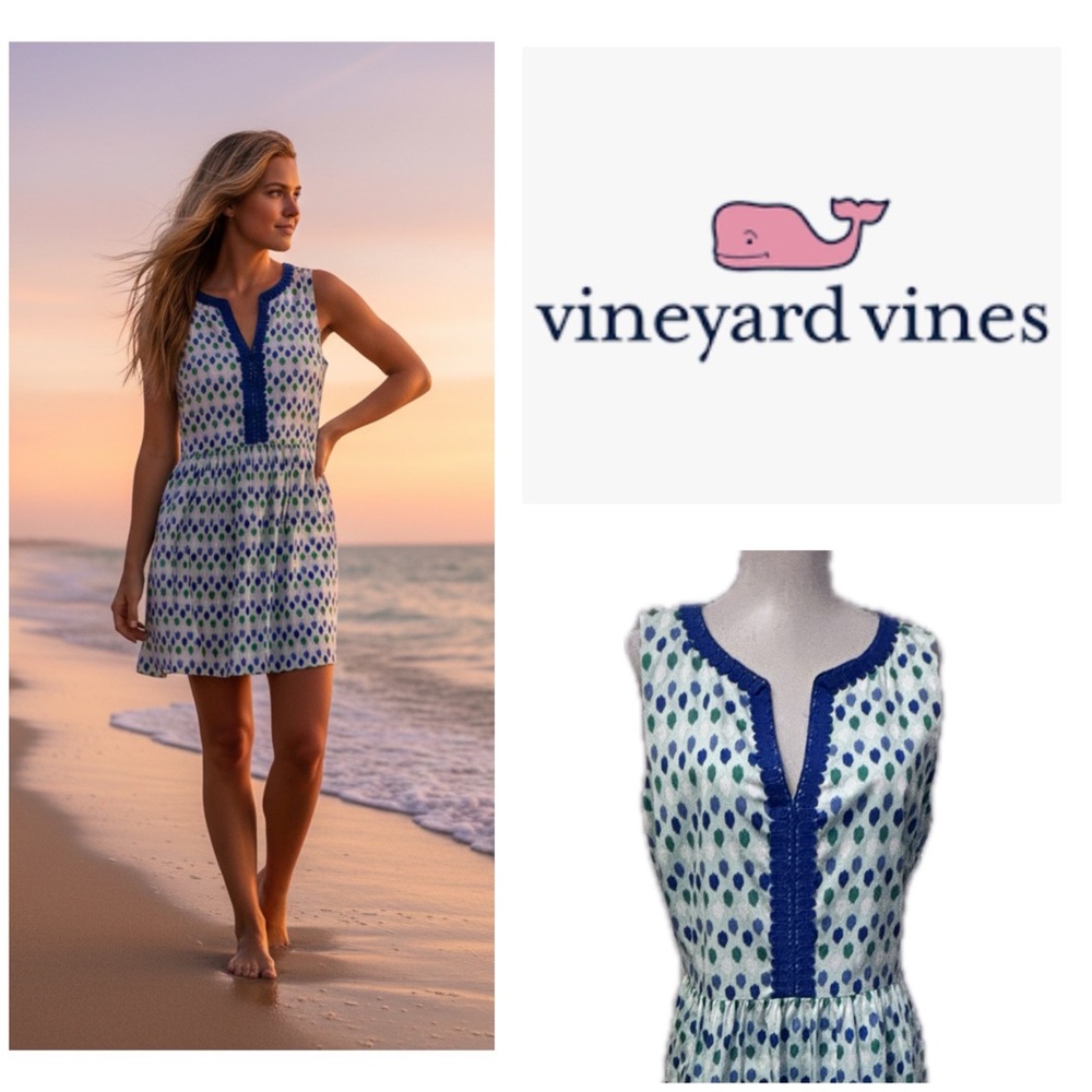 Vineyard Vines White Navy Green Printed Sleeveless Mini Dress